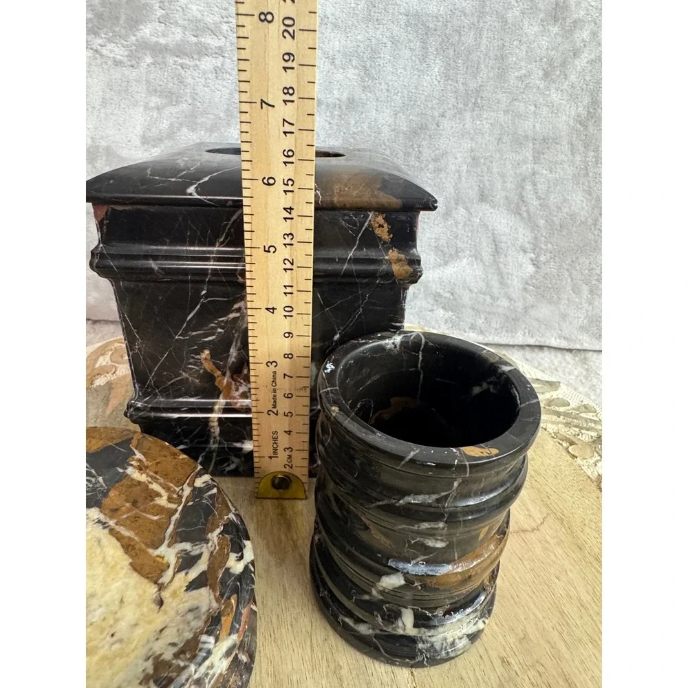 3pc Brown Marble Bathroom Accessory Set Tissue‎ Cover Tumbler Soap Dish Luxury